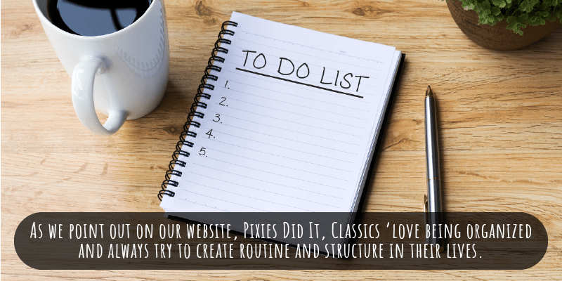  As we point out on our website, Pixies Did It, Classics ‘love being organized and always try to create routine and structure in their lives.