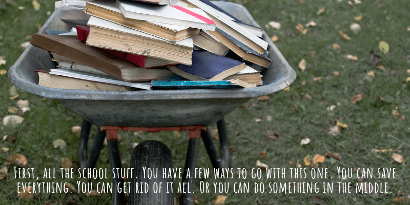 First, all the school stuff. You have a few ways to go with this one. You can save everything: every piece of art, every assignment, and every report card. You can get rid of it all. Or you can do something in the middle.