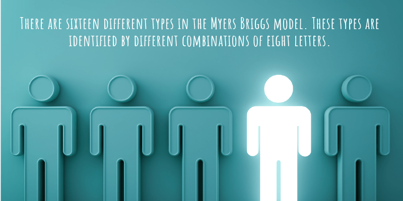 There are sixteen different types in the Myers Briggs model. These types are identified by different combinations of eight letters.