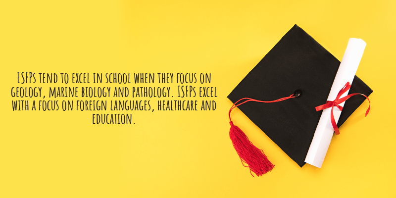 ESFPs tend to excel in school when they focus on geology, marine biology and pathology. ISFPs excel with a focus on foreign languages, healthcare and education.